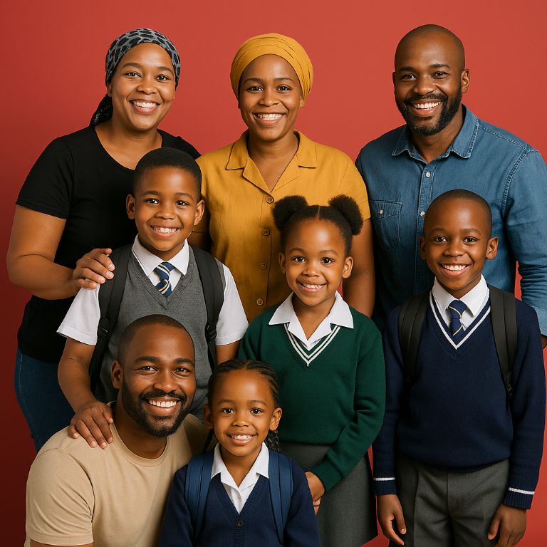 Image of parents and school children