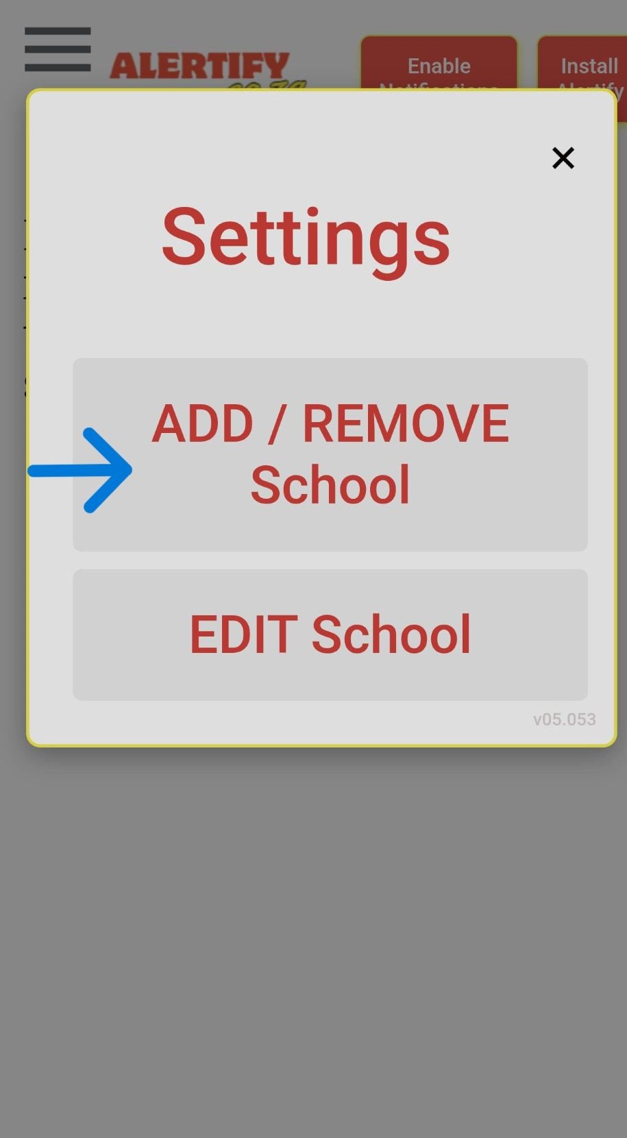 Image of screen allowing a user to select a school